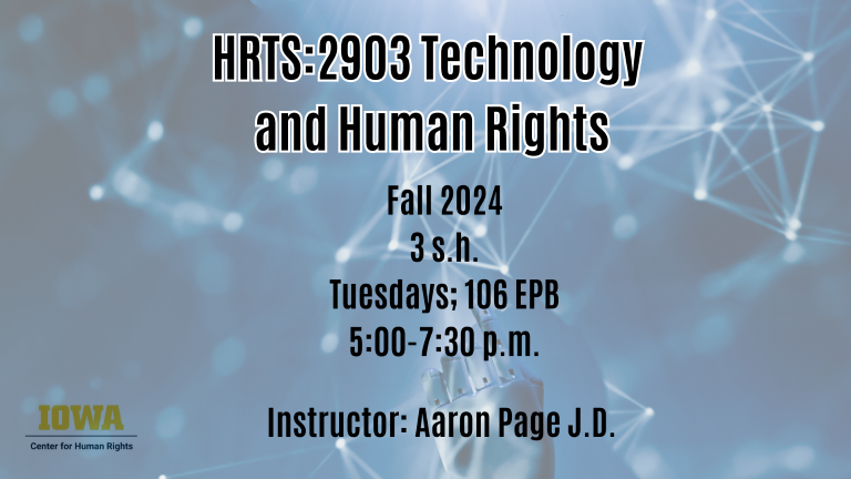 Image of robot hand touching expanding geometric shapes.  Advertises Technology and Human Rights, course number HRTS:2903. Instructor is Aaron Page, J.D.