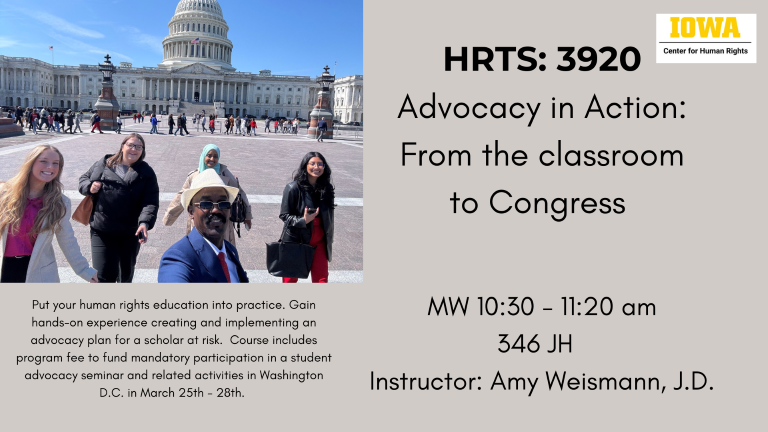 U.S. Capitol Building with students in front.  Advertises Advocacy in Action: From the Classroom to Congress Course, number HRTS:3920. Instructor is Amy Weismann, J.D.