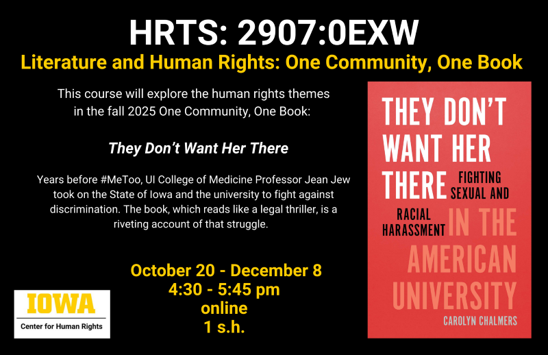 image of book advertising Literature and Human Rights course; Oct. 20 - Dec. 8; 4:30-5:45 Th; online.