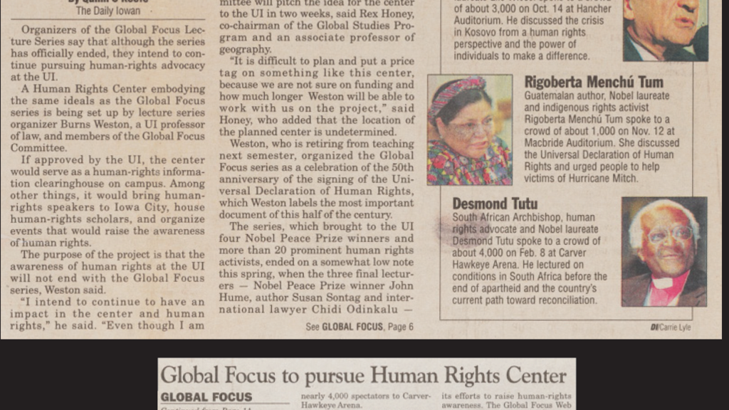 news article on visits by Nobel Laureates and plan to create a Center for Human Rights