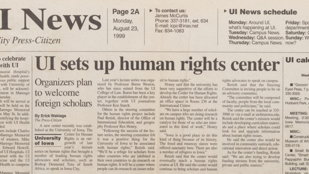 newspaper article on founding of UI Center for Human Rights