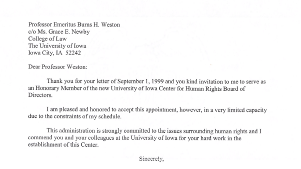 Letter from Governor Vilsack accepting honorary board position. 